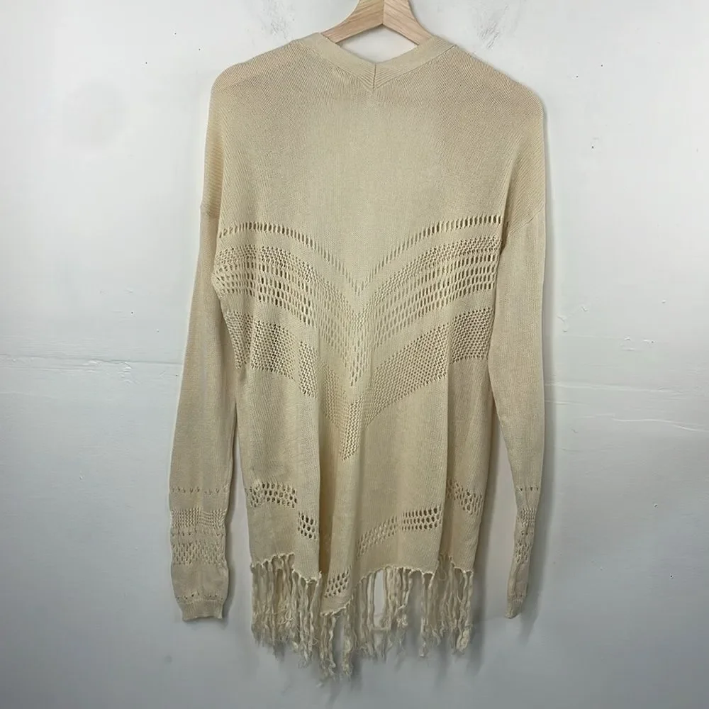 Wild Pearl Open Cardigan with fringe boho cotton crochet design Large cream